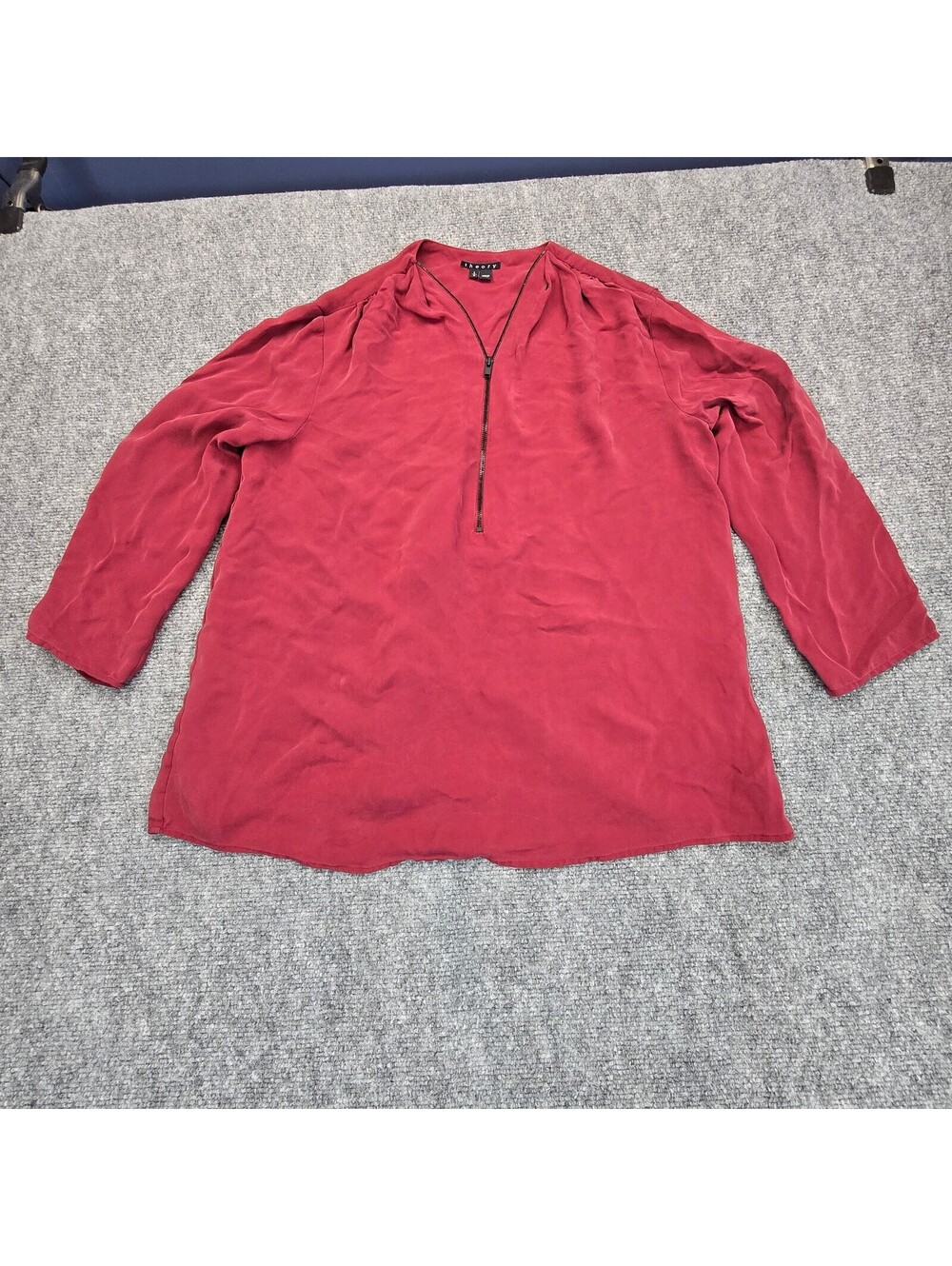 Theory Red 100% Silk Half Zip Blouse Women's Large 3/4 Sleeve